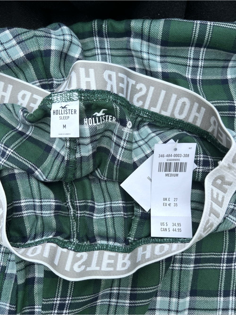 NWT Hollister 24/7 Baggy Flannel Pajama Pants Green Plaid Logo Waistband Size M - Picture 3 of 4